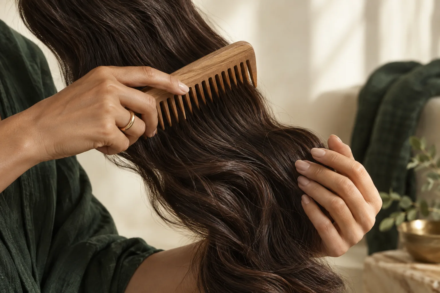 Imagem editorial provisória de cabelo escuro a ser penteado