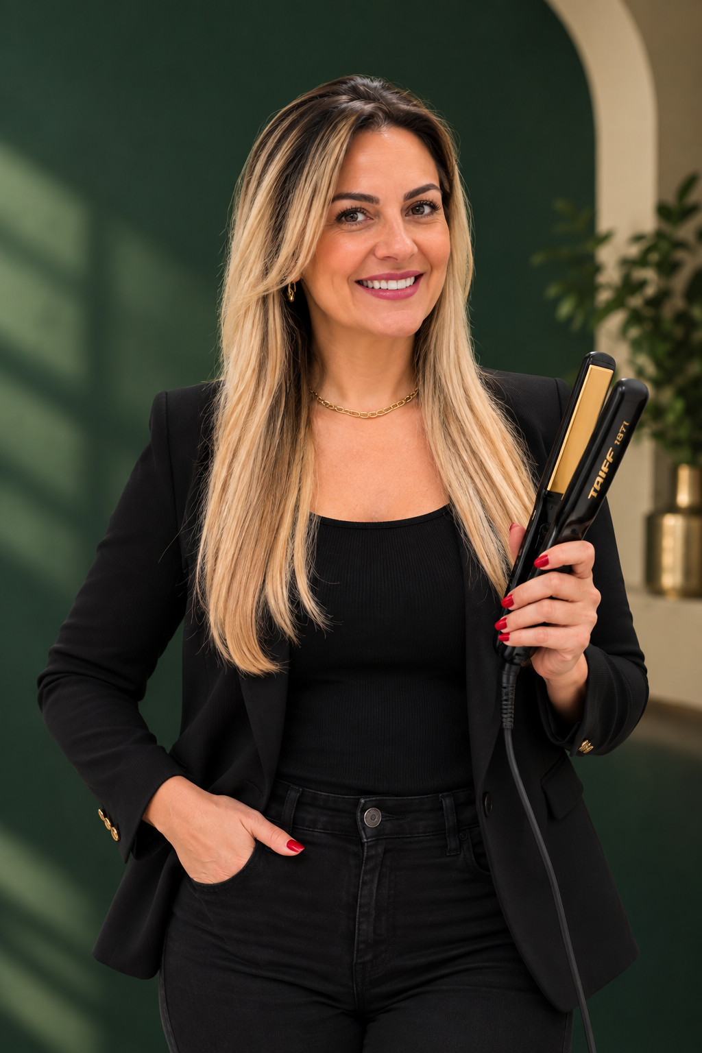 Imagem editorial provisória de uma mulher adulta com cabelo escuro ondulado sobre fundo verde
