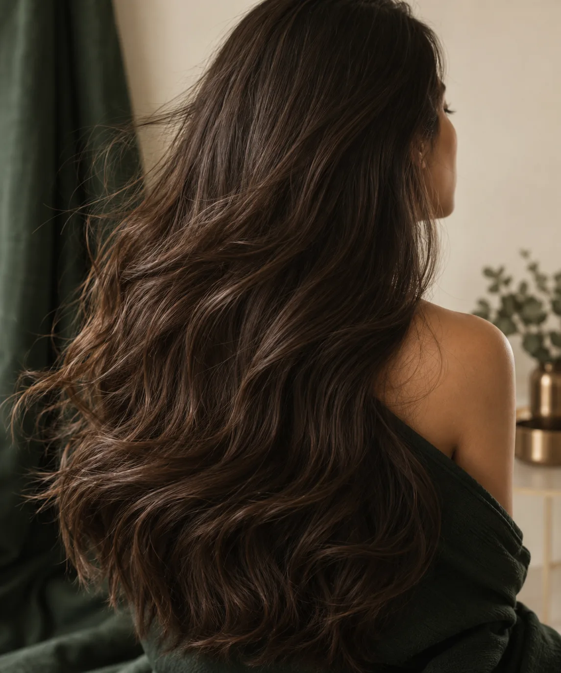 Imagem editorial provisória de cabelo castanho longo e ondulado